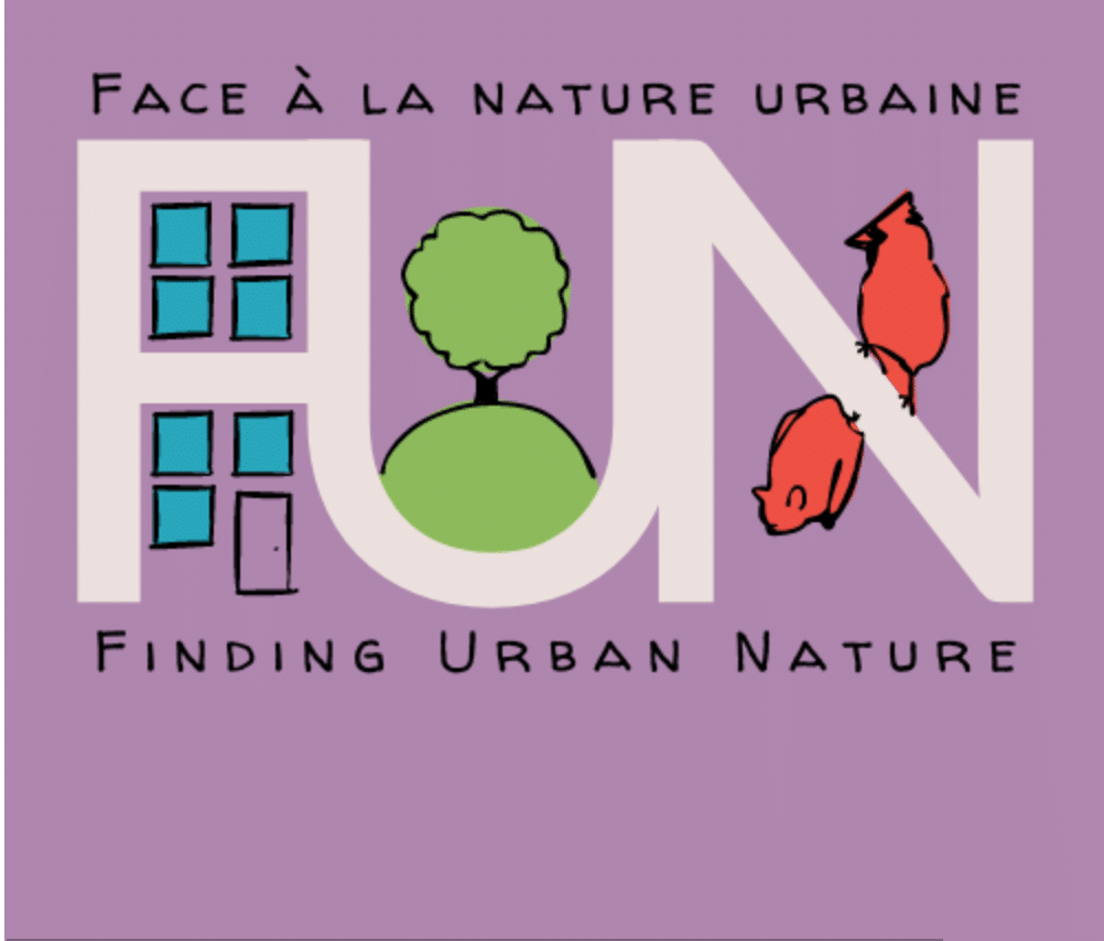 Logo for Finding Urban Nature (FUN) with building in the F, a tree in the U, and a red cardinal and red bat on. the N.